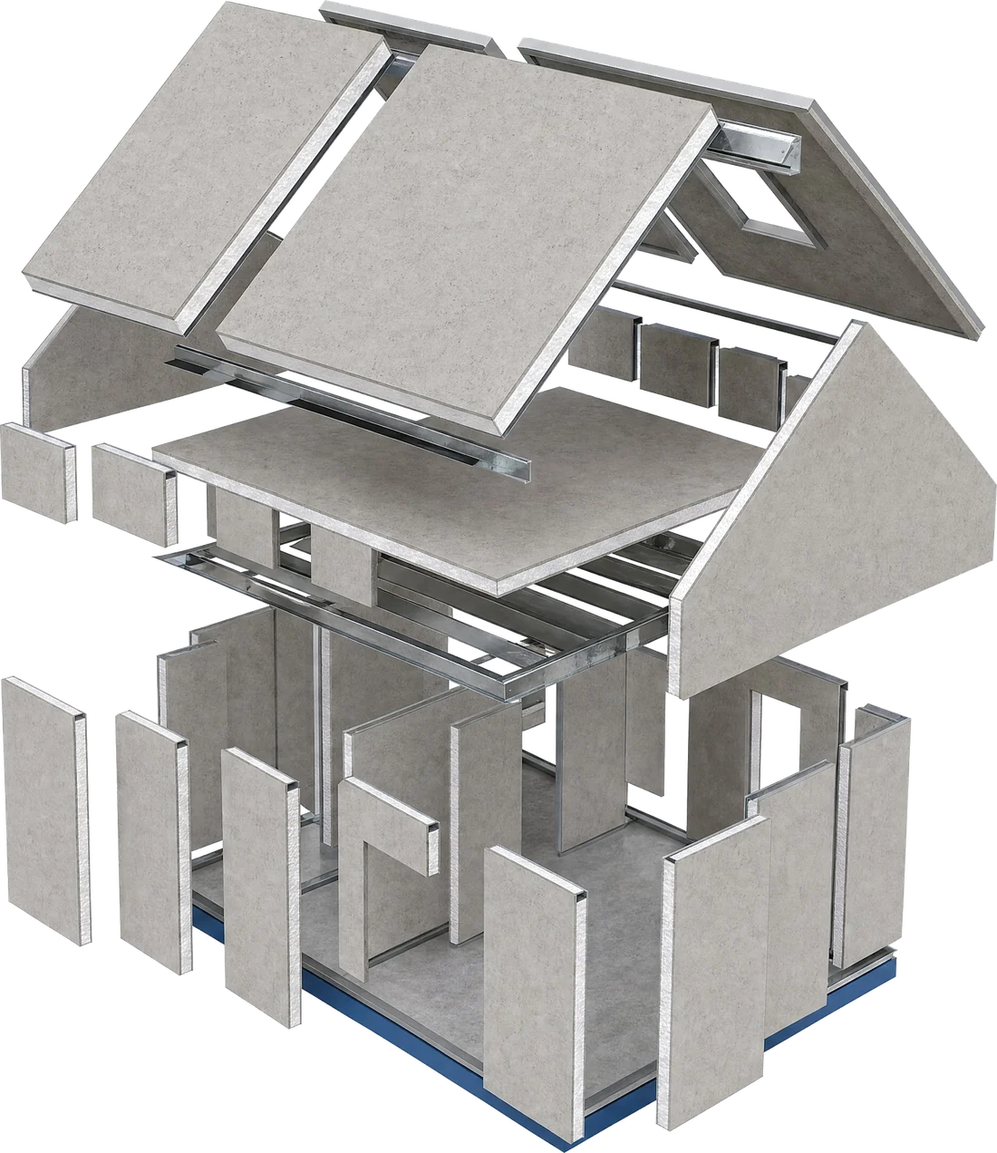 Despiece del sistema constructivo Sip House: estructura metálica y paneles SIP LavaRock