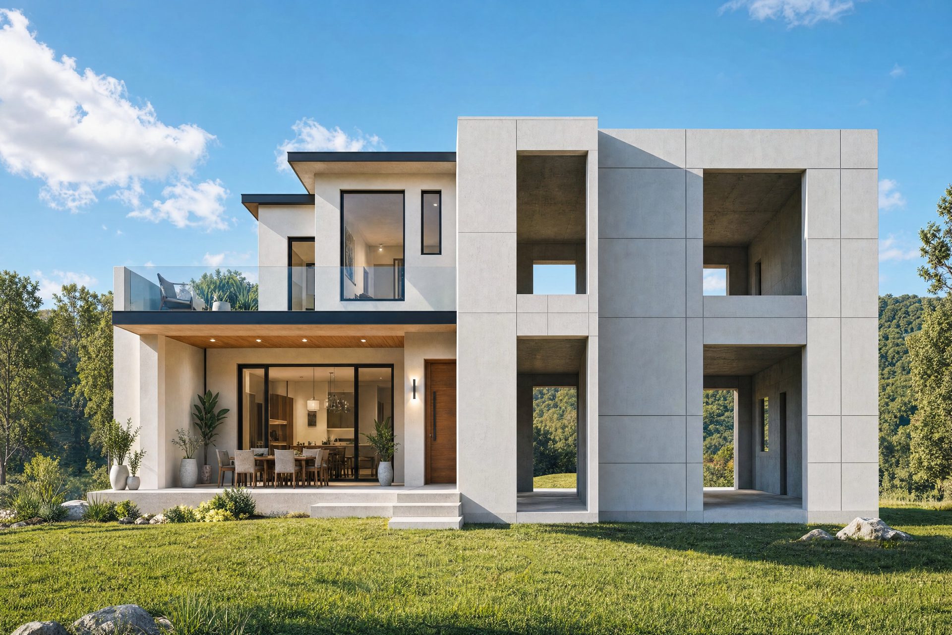 Casa moderna construida por Sip House: una mitad terminada y la otra mostrando la panelería estructural del sistema SIP, en un campo verde con cerros al fondo