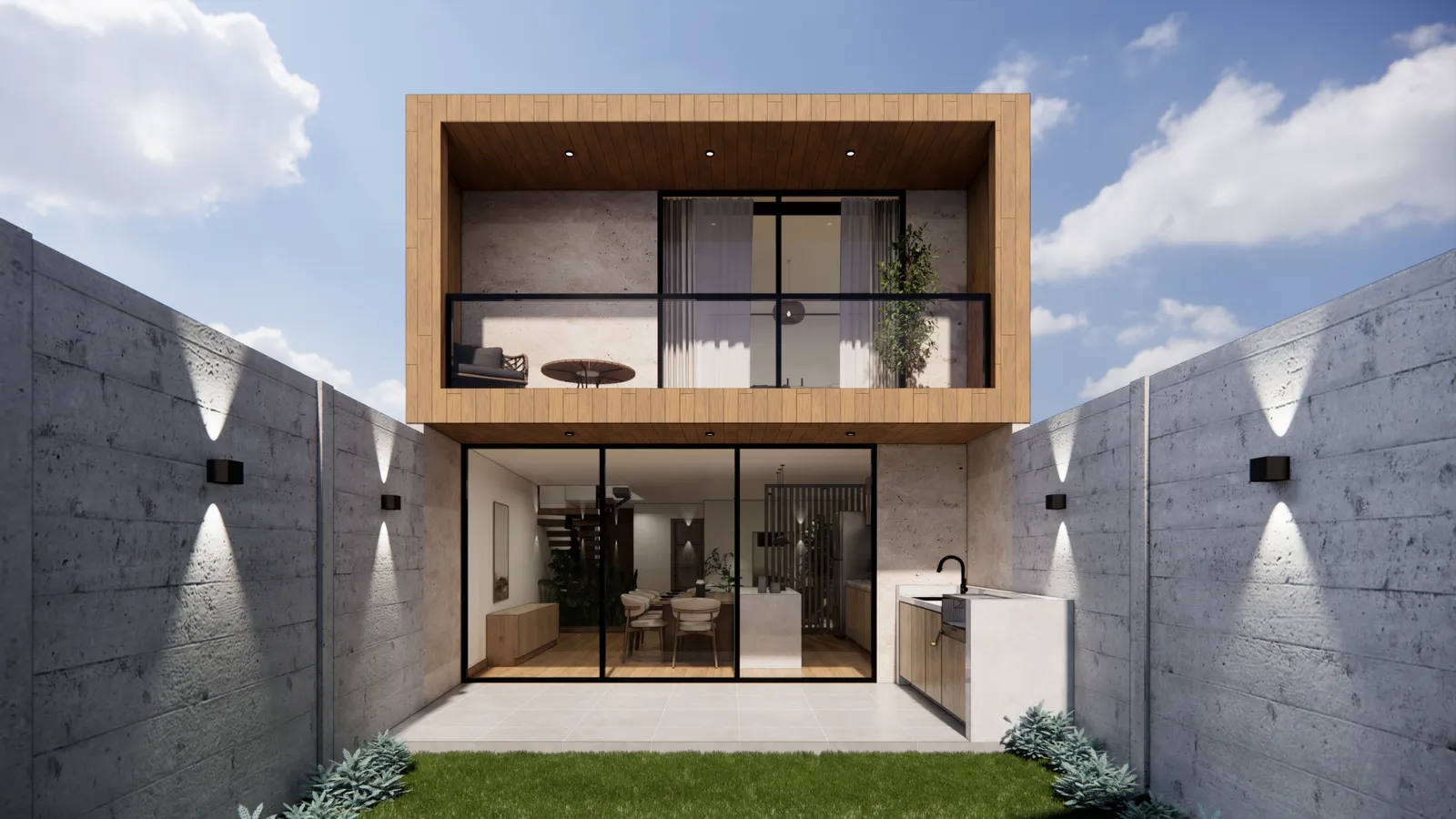 CASA ASIA — Fachada posterior con terraza y balcón