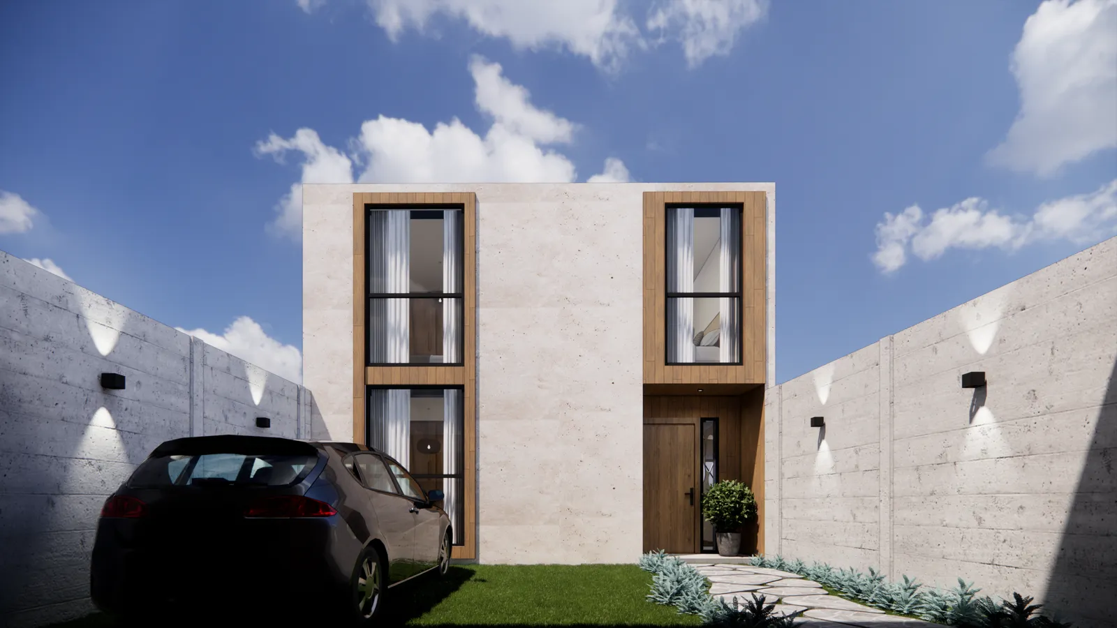 Render de la fachada principal del modelo CASA ASIA de Sip House