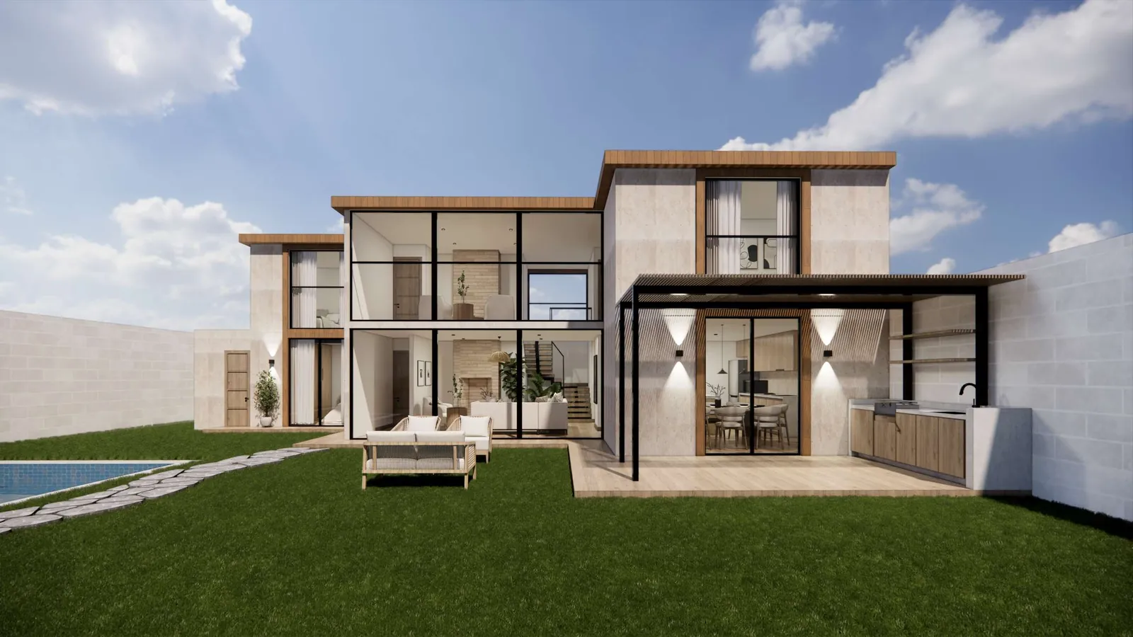 Render de la fachada del modelo CASA AUCALLAMA de Sip House, con terraza y jardín