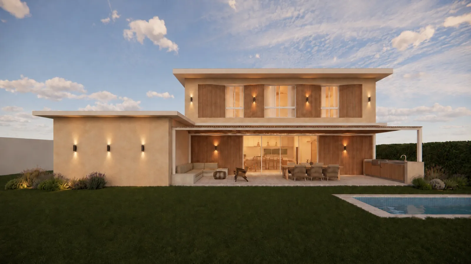 Render de la fachada del modelo CASA GALÁPAGOS de Sip House, con terraza y piscina