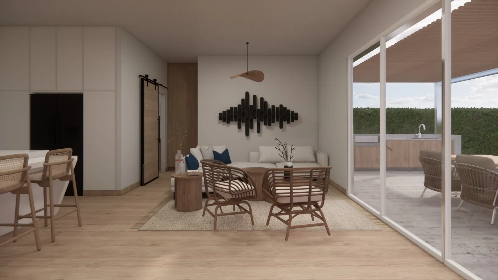 CASA GALÁPAGOS — Sala y comedor abiertos a la terraza