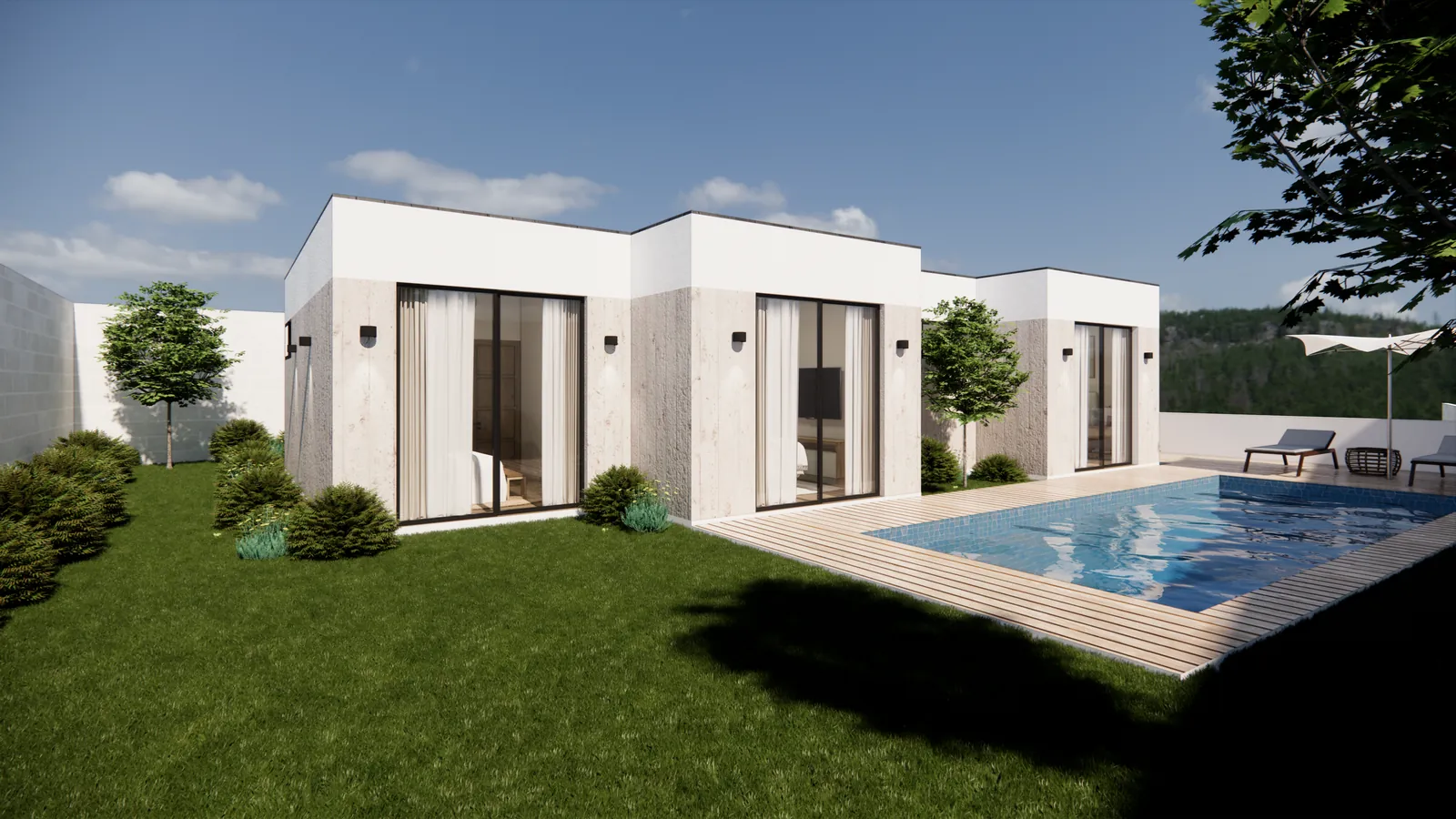 Render de la fachada del modelo CASA LA MOLINA de Sip House, con jardín y la piscina del diseño