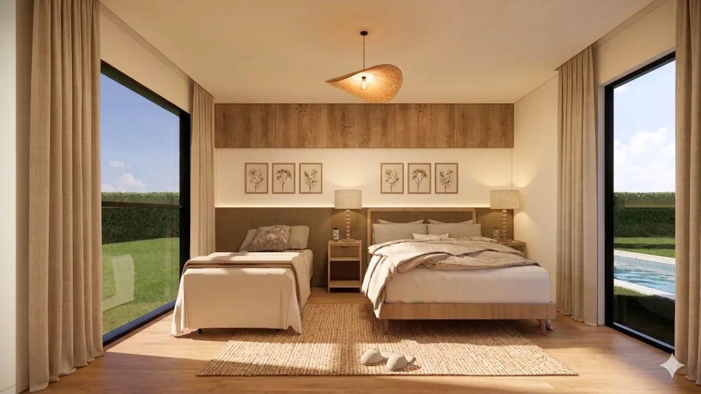 CASA TRUJILLO — Dormitorio con dos camas y vista a la piscina