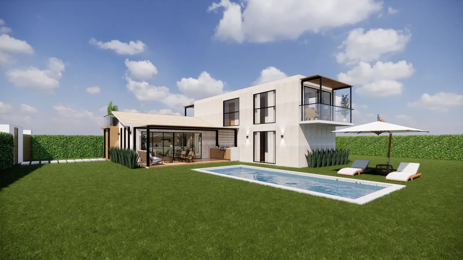 Render de la fachada del modelo CASA TRUJILLO de Sip House, con piscina y terraza