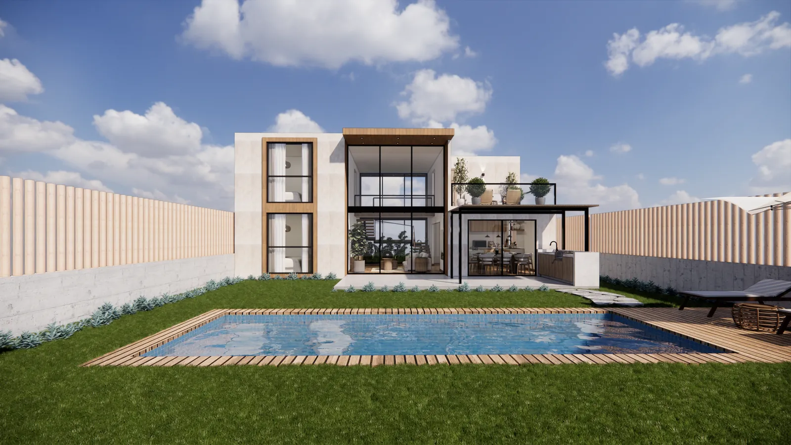 Render de la fachada del modelo CASA ZORRITOS de Sip House, con la piscina del diseño en primer plano