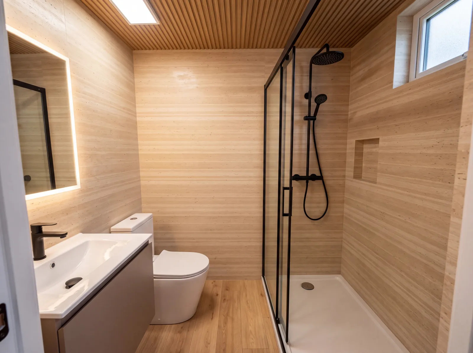 Baño de la SIP-S 20 revestido en piedra flexible travertino, con ducha de 140 × 90 y mampara de vidrio