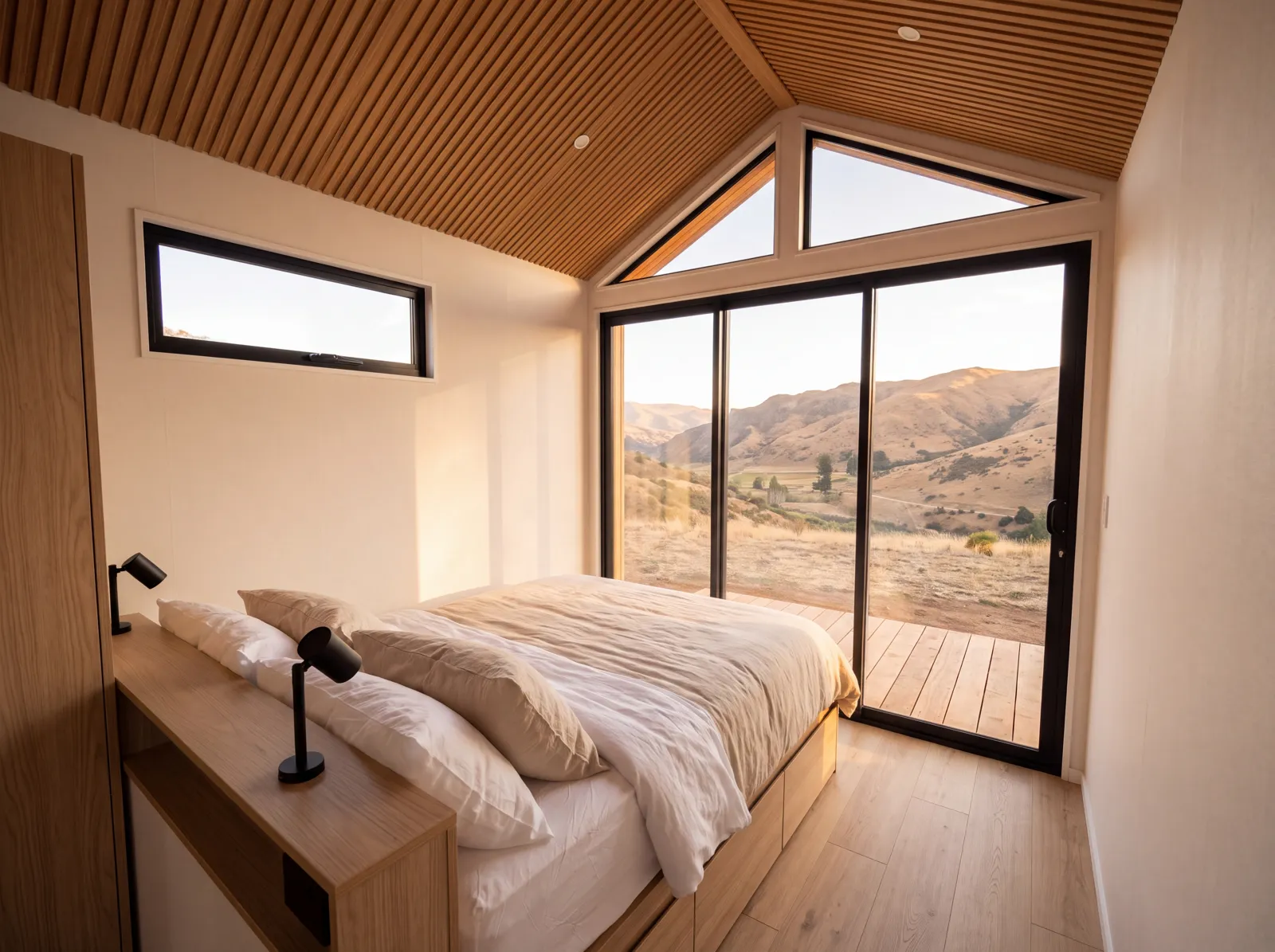 Dormitorio de la SIP-S 20 con la cama queen frente al ventanal de piso a cumbrera y vista al valle