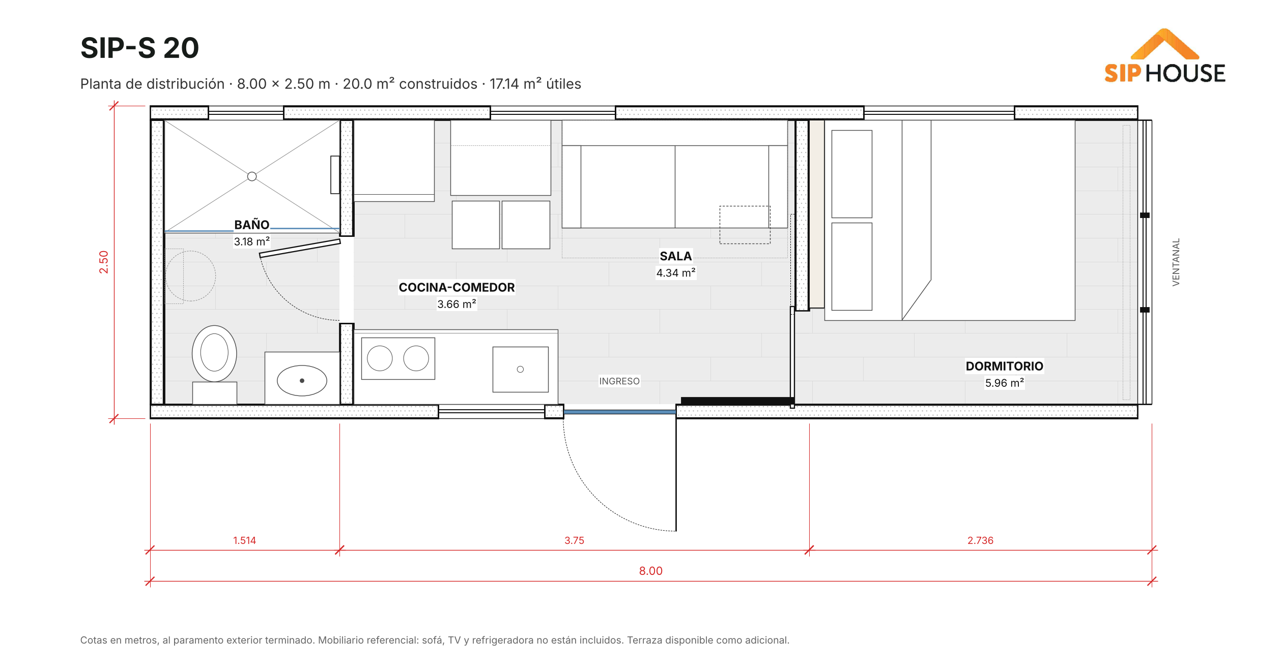 Plano de distribución de la SIP-S 20: baño, cocina-comedor, sala y dormitorio con ventanal, 8.00 × 2.50 m