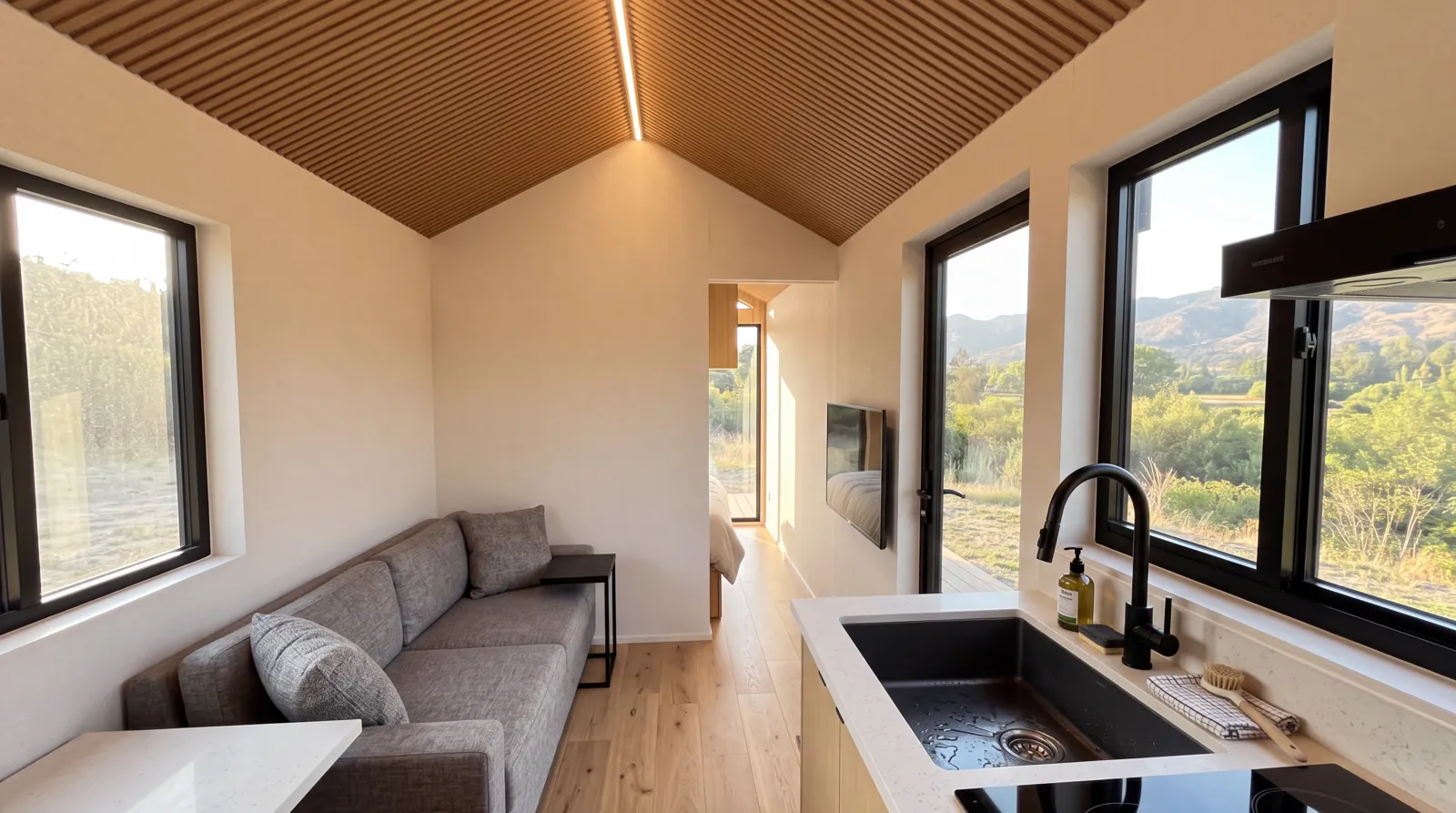 Sala y cocina de la SIP-S 20 mirando hacia el dormitorio, con cielo de lamas de madera